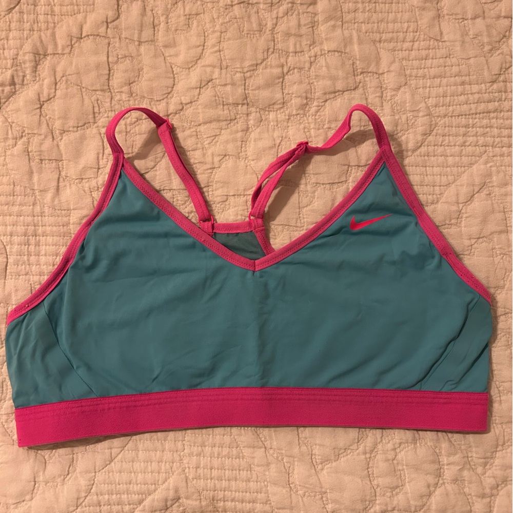 Nike Indy Light support sports bra, teal blue with pink trim
